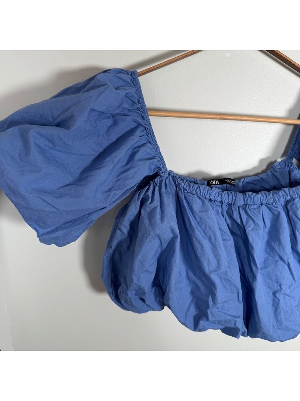 Zara Blue Ruched Ruffled Puff Crop Top - Picture 6 of 7